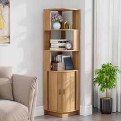 ) 5-Tier Corner Storage Cabinet with Fluted Doors - Oak, 64.6"