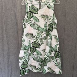 C&C California 100% LINEN Crew Nk Sleeveless Palm Leaves Mini Dress Pocket Med
