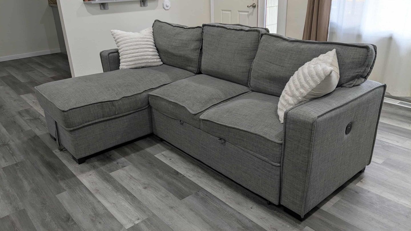 Grey Modular 3 Sleeper Couch, with Lounger, Storage, Cupholders, USB-C Charging + Bed Section