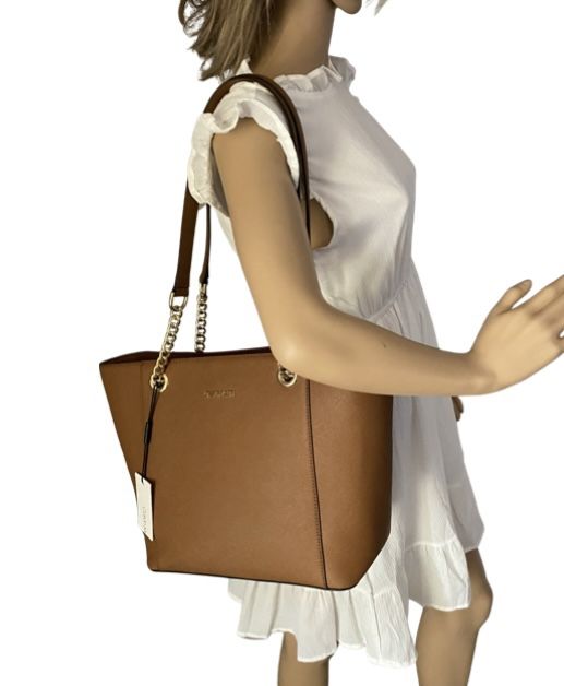 Calvin Klein Beige Saffiano Leather Chain-Trimmed Tote Bag 
