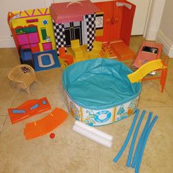Vintage Barbie Lot 1968 House, 1970 Car, 1973 Pool Party , Incomplete, Some Pieces Broken , Price Is For All