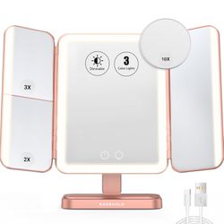 EASEHOLD Rechargeable Vanity Mirror with Lights, 116 LEDs Makeup Mirror, 3-Color Lighted Makeup Mirror, 2X/3X/10X Magnification, 5000 mAh, Touch Senso