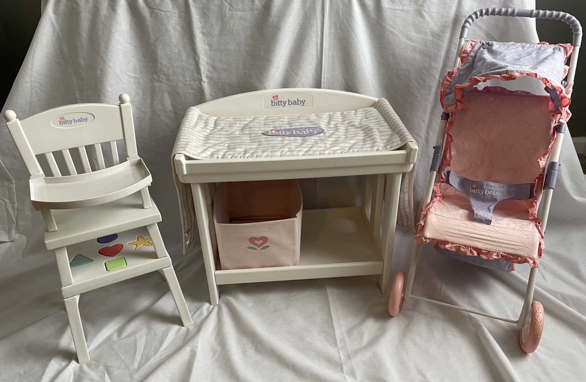 American Girl Bitty Baby Changing Table, High Chair/ Activity Table, & Stroller