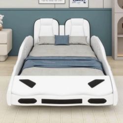Twin Size Solid Wood and Padded Faux Leather Platform Racing Car Bed Fully Assembled