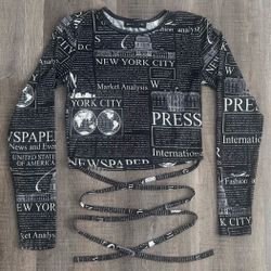 Women’s Size Small Black Newspaper Print Wrap Crop Top