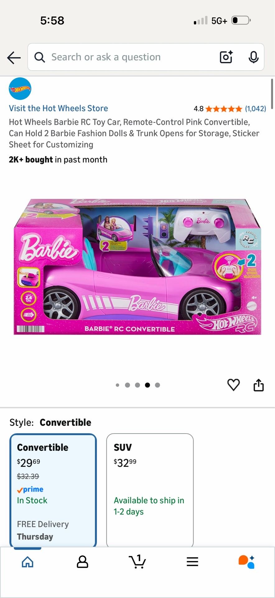 Mattel Hot Wheels Barbie RC Convertible toy car designed for remote-controlled