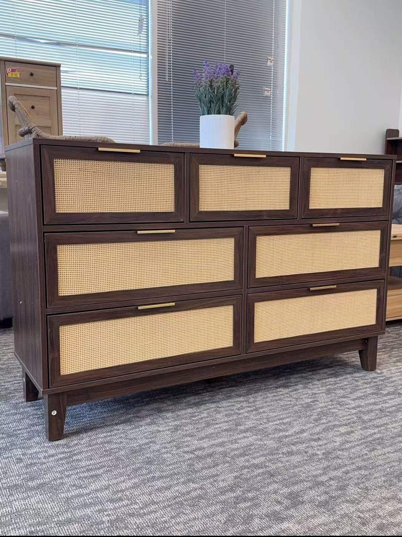 🔥Brand New🔥7-Drawer Rattan Dresser – Stylish Storage Cabinet with Wood Construction and Woven Accents. Perfect for Bedroom, Closet, Living Room, Hal