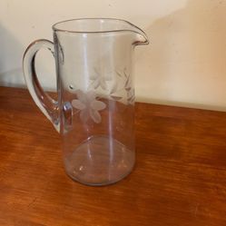 VTG Etched Clear Glass Pitcher 8 1/2 Inches Tall