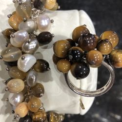 Funky, Chunky white & mocha Barse pearls,tigers eye, carnelian, jaspers on a sterling chain with substantial silver clasp 7” And Ring Size 9.5