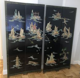 Vintage Chinese Black Four Panel Coromandel Screen With Bone/Jade Inlays