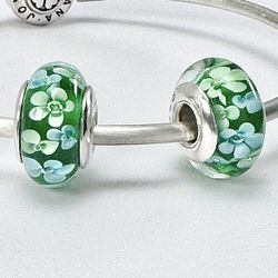 2 Charms For Pandora Green Flower Murano 925 Sterling Silver Cores