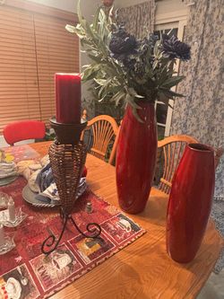 Red Ceramic Vases Set with wicker candle stand