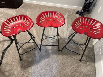 Set of 3 Vintage-Style Red Metal Tractor Seat Bar Stools