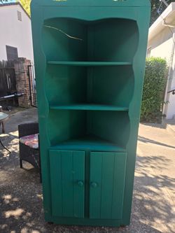 Vintage Solid Wood Corner Hutch / Bookshelf – Teal/Green Accent Cabinet