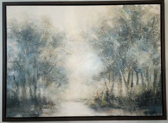 "Lakeside Groves" painting in brown frame