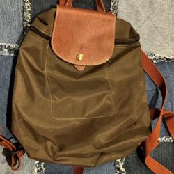 Longchamp Paris Le Pliage Backpack Nylon Bag Olive Green And Brown