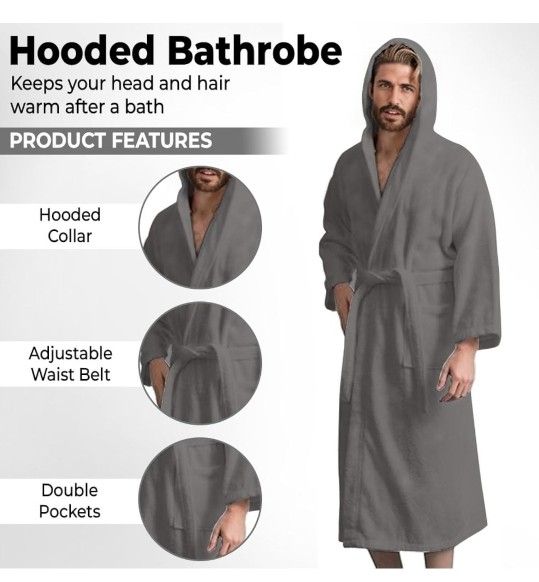 KAHAF COLLECTION
Men’s Hooded Bathrobe, 100% Cotton Terry Bathrobe, Spa Style Bath Robe, Absorbent Shower Robe, Lig