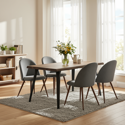 Homy Casa LANCELOT+HAVEN 5PC Dining Set 63” Walnut Wave Edge Table with 4 Haven Grey Fabric Chairs Walnut Legs