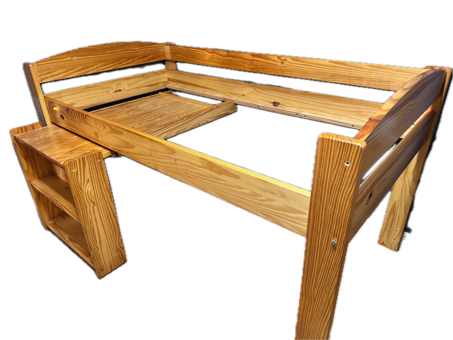 Raised Twin Bed with Sliding Desk And Bookshelf