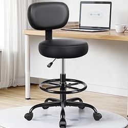 Drafting Chair with Backrest – Adjustable Foot Rest Rolling Stool with Wheels, PU Leather Swivel Stool for Office Spa Studio Lab Counter Salon Home Wo