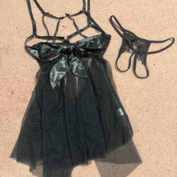New xl black mesh sheer set bow Lingere panty Teddy babydoll nightgown goth emo