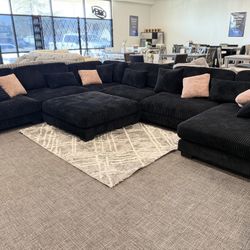Black 7 Pc Corduroy Modular Sectional W/ Chaise Lounge & Ottoman- EZ $10 Down Payment Options Available 