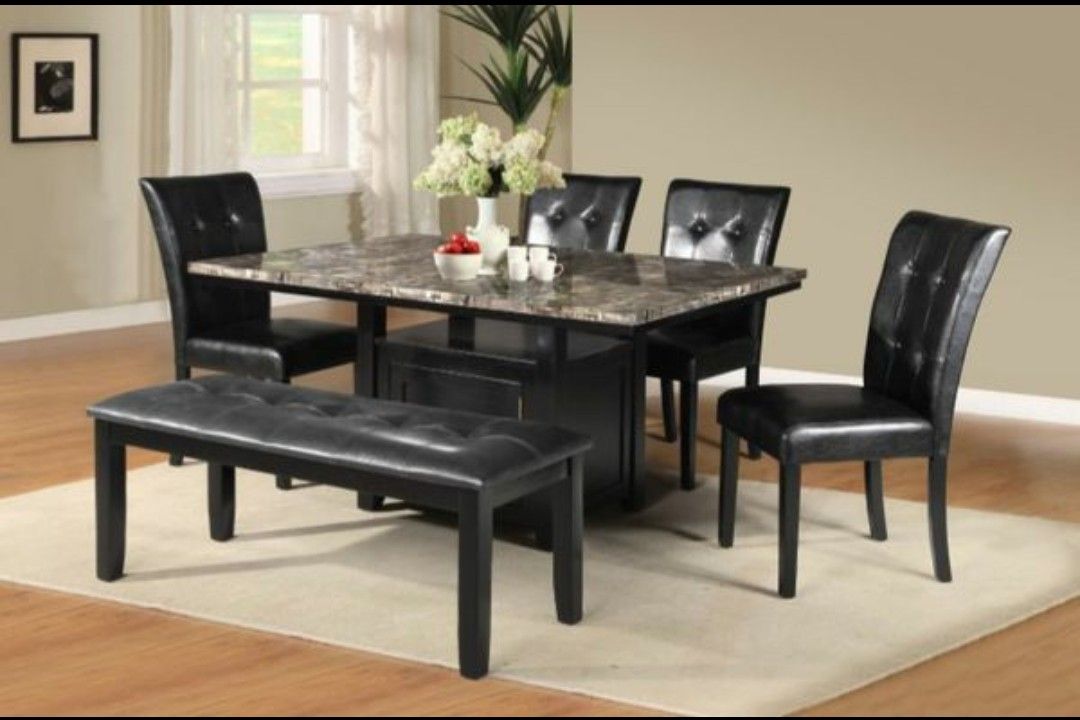 6pc Dining table W/ Faux Marble Top & Storage Base Black Finish