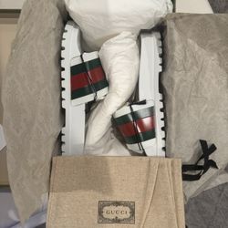 White Gucci Pursuit Trek Rubber Web Slides (SZ 10)