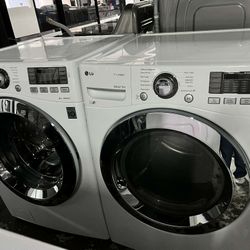 LG 4.5 Cu. Ft. Front Load Washer and 7.4 Cu. Ft. Electric Dryer with TurboWash 360 Laundry Pair in White.