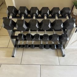 Body-Solid Rubber Hex Dumbbells 5-50lbs plus body solid rack 