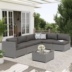 Oakcloud 7-Piece Outdoor Grey Rattan Wicker Sectional Conversation Sets Patio Furniture Sofa Set with Cushions and Glass Top Table(Grey