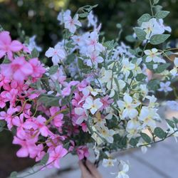 A tall Bouquet of Springtime Flowers, Bushes With Leaves And Flowers 