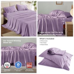 Queen Sheet Set, Rayon Derived from Bamboo, Cooling Sheets, Breathable & Soft, Deep Pocket Up to 16 Inches, Hotel Luxury Silky Bedding for Hot Sleeper