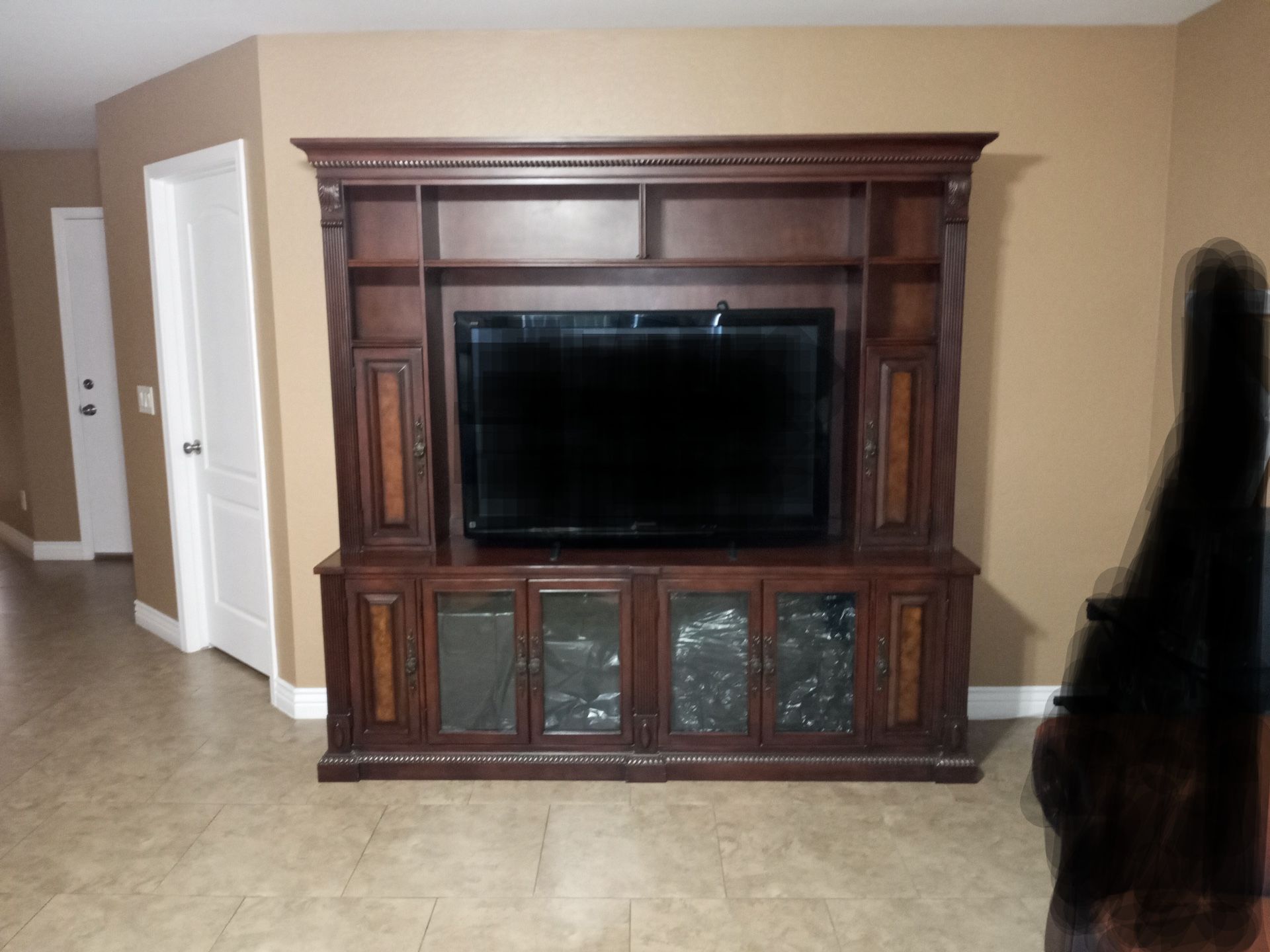Two Piece Cherry Finish Entertainment Center With Shelves And Storage Doors Tv Opening 55"×37" And Whole Unit Measures W85" H80" D21"