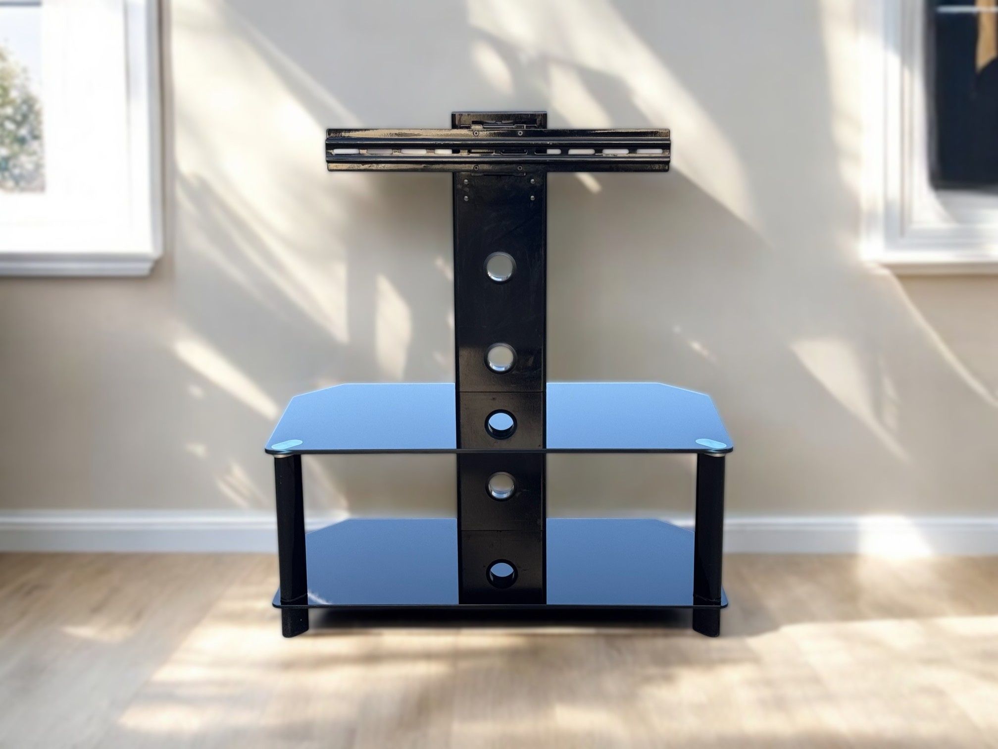 Black Metal & Tempered Glass 2-Tier TV Stand w/ Mount