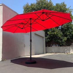 (New in Box) $130 Large 15x9 FT Double Sided Umbrella with Weight Base set (Red/Gray color)