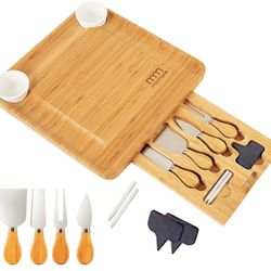 Brand New MaxMoxie Bamboo Cheese Board and Cutlery Set, Wooden Kitchen Charcuterie Board, Cheese Tray Serving Platter, Unique Gift for Families