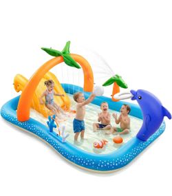 Inflatable Kids Pool, Kiddie Pool with Slide & Sprinkler for Kiddy Ages 2+ Outdoor Blow-Up Splash Pad with Sprinkler & Fun Games, 95"x75"x40", Backyar