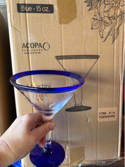 15 oz martini glass blue rim New set of 12