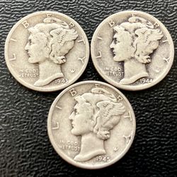 Three (3) Vintage 1940s Silver Mercury Dimes for $20 WWII 3 Coin Set Antique Coins