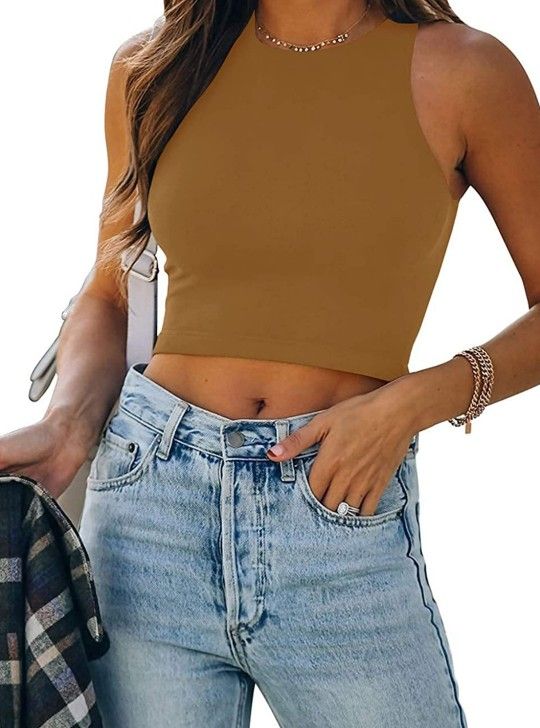 BONITEE Women's Sexy Sleeveless Racer Back Cropped Tank Tops Halter Neck Crop Tops