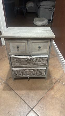 Gray Wood Storage Cabinet with Wicker Baskets