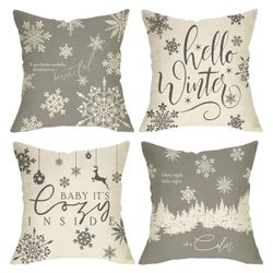 Fjfz Hello Winter Grey White Decorative Throw Pillow Cover 18x18 Set of 4, Baby It's Cozy Inside Christmas Snowflake Home Decorations, Pine Tree Holid