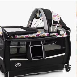 BABY JOY 4 in 1 Pack and Play, Portable Baby Playard with Bassinet & Flip-Away Changing Table, Canopy, Infant Bassinet with Storage Basket, Oxford Bag