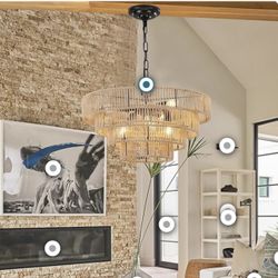 Ceiling Light ZSMAIKU Boho Light Fixture Coastal Brass Wicker Chandelier 20" Large Rattan (SR)