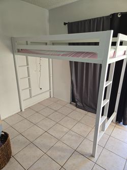 White Metal Loft Bed Frame with Ladder