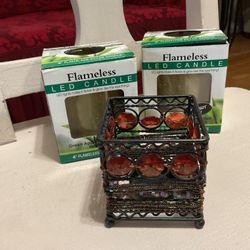 $4-LOT—2- FLAMELESS BATTERY OPERATED CANDLES-1- TEA LIGHT HOLDER 