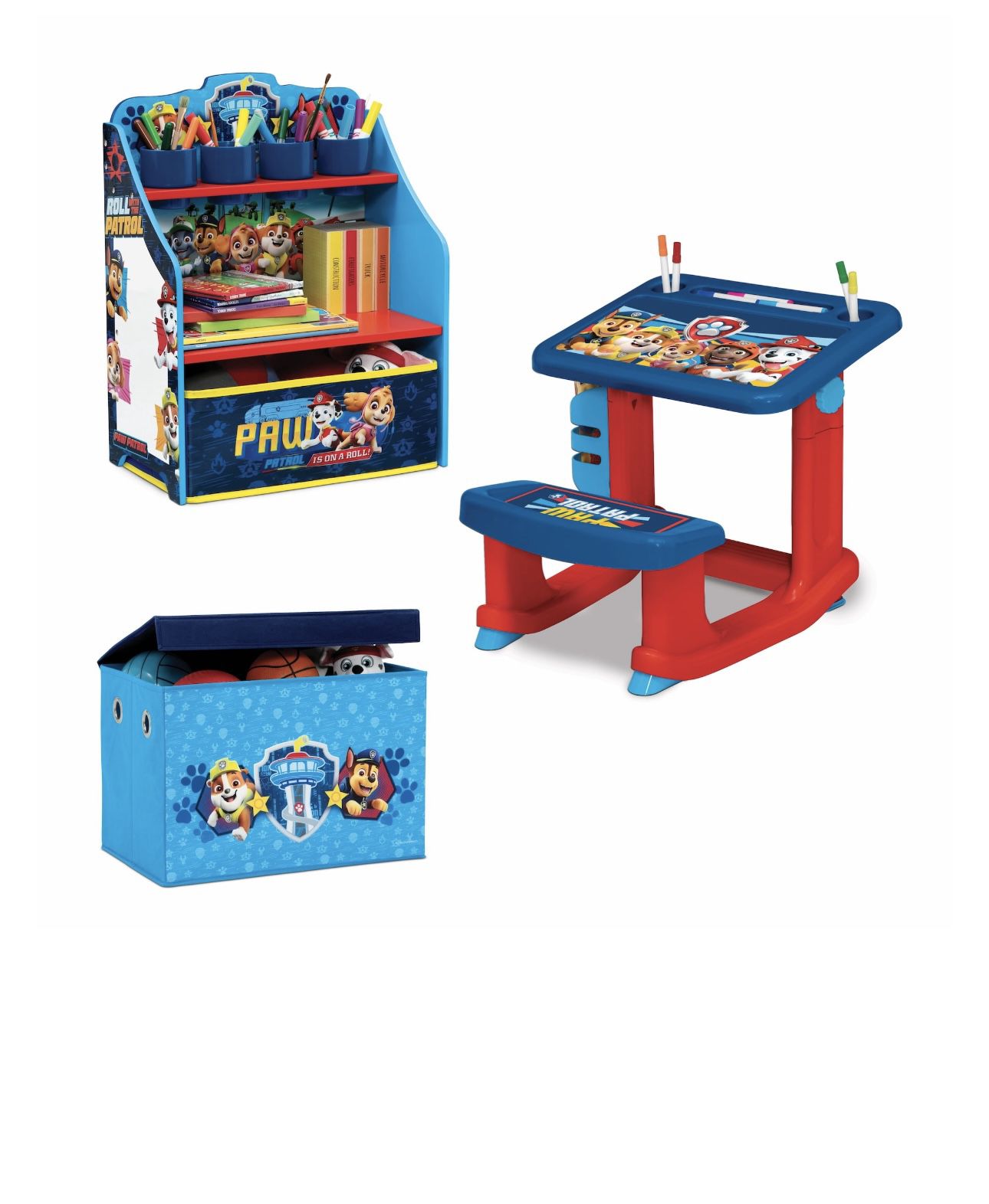 PAW Patrol 3-Piece Art & Play Toddler Room-in-a-Box by Delta Children – Includes Draw & Play Desk, Art & Storage Station & Fabric Toy Box