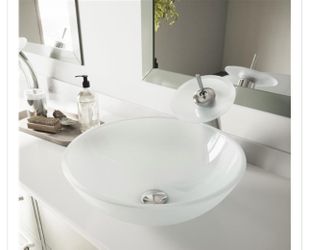 (3) VIGO Glass Vessel Bathroom Sink and Waterfall Faucet - White