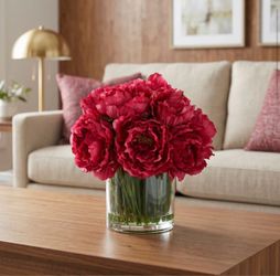Merlyn Peony Arrangement in Glass Vase with Grass - Magenta